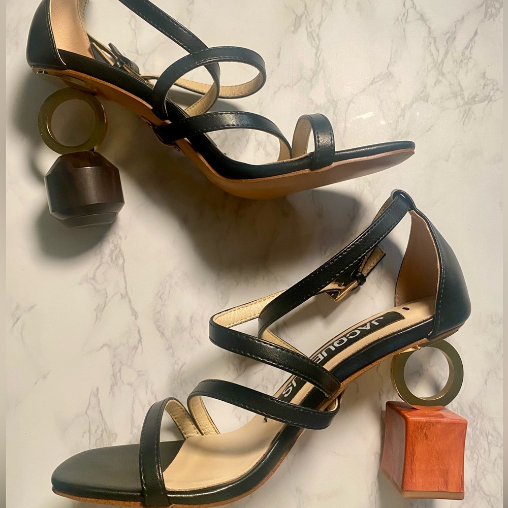 JACQUEMUS Architectural Wood Block Gold Ring Black Strappy Heels 👠